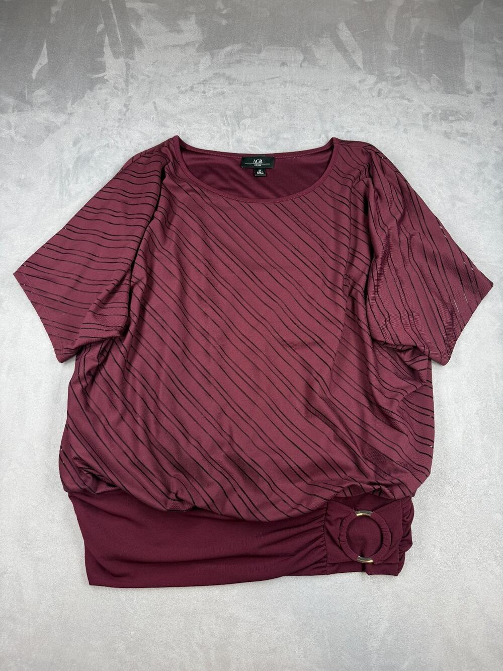 AGB Woman 2X Burgundy Sheer Angle Stripe Short Sleeve Flowy Cami w/Ring Accent